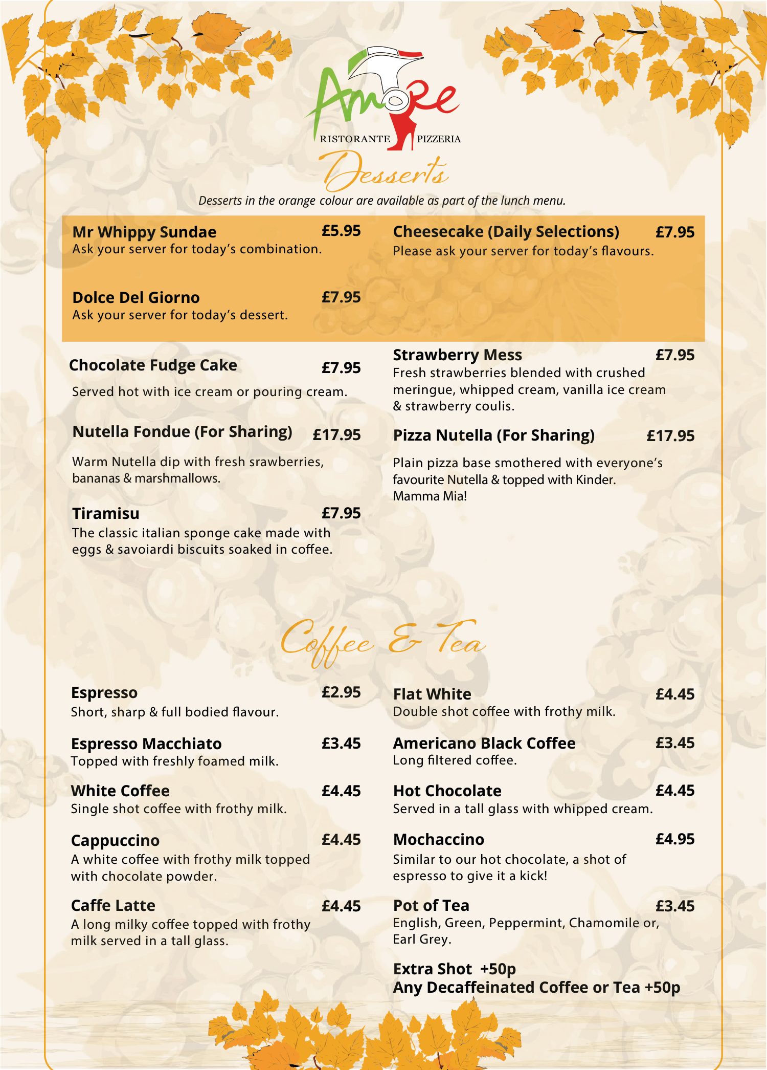 Amore Dolci menu page 1