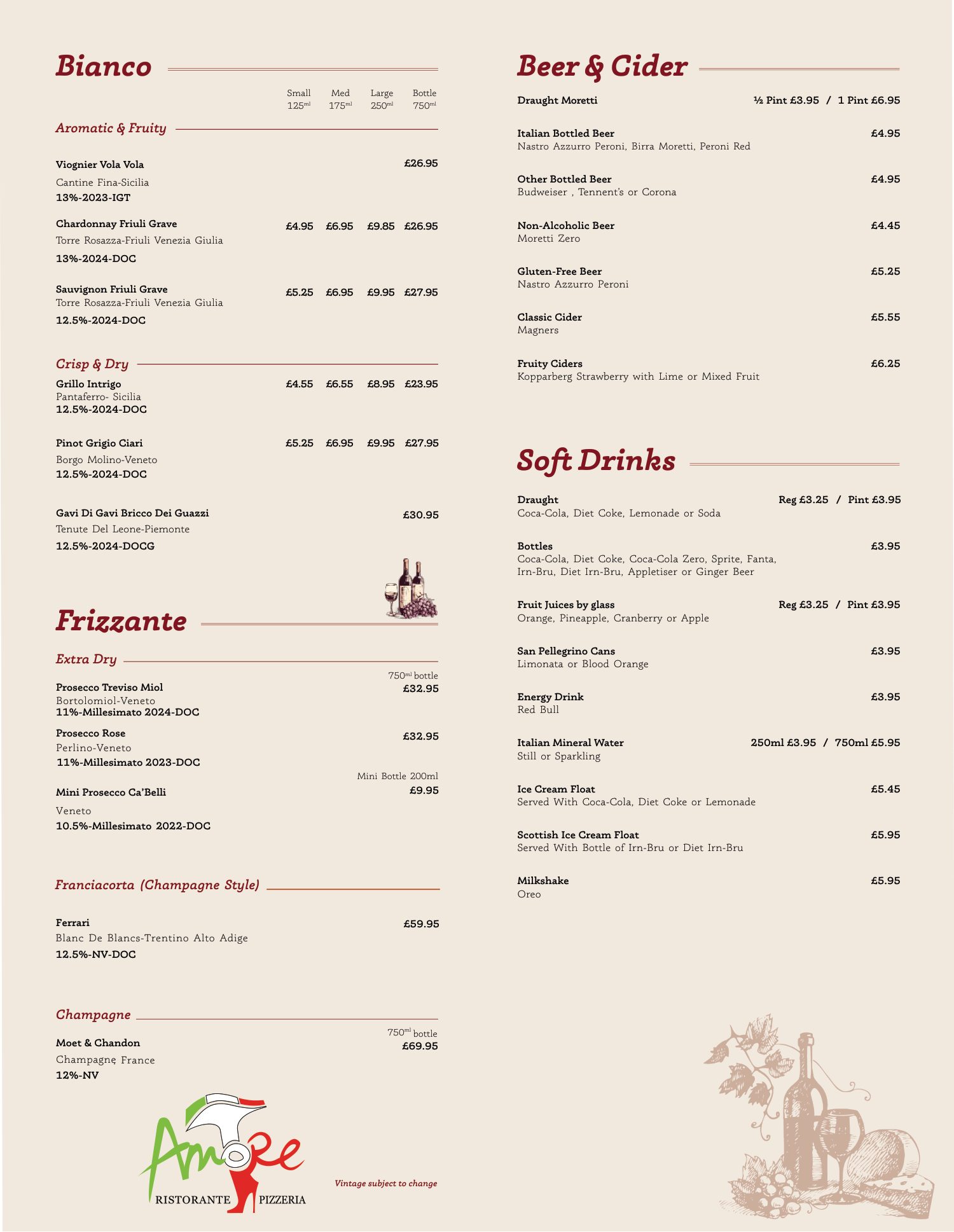 Amore Drinks & Wine menu page 1