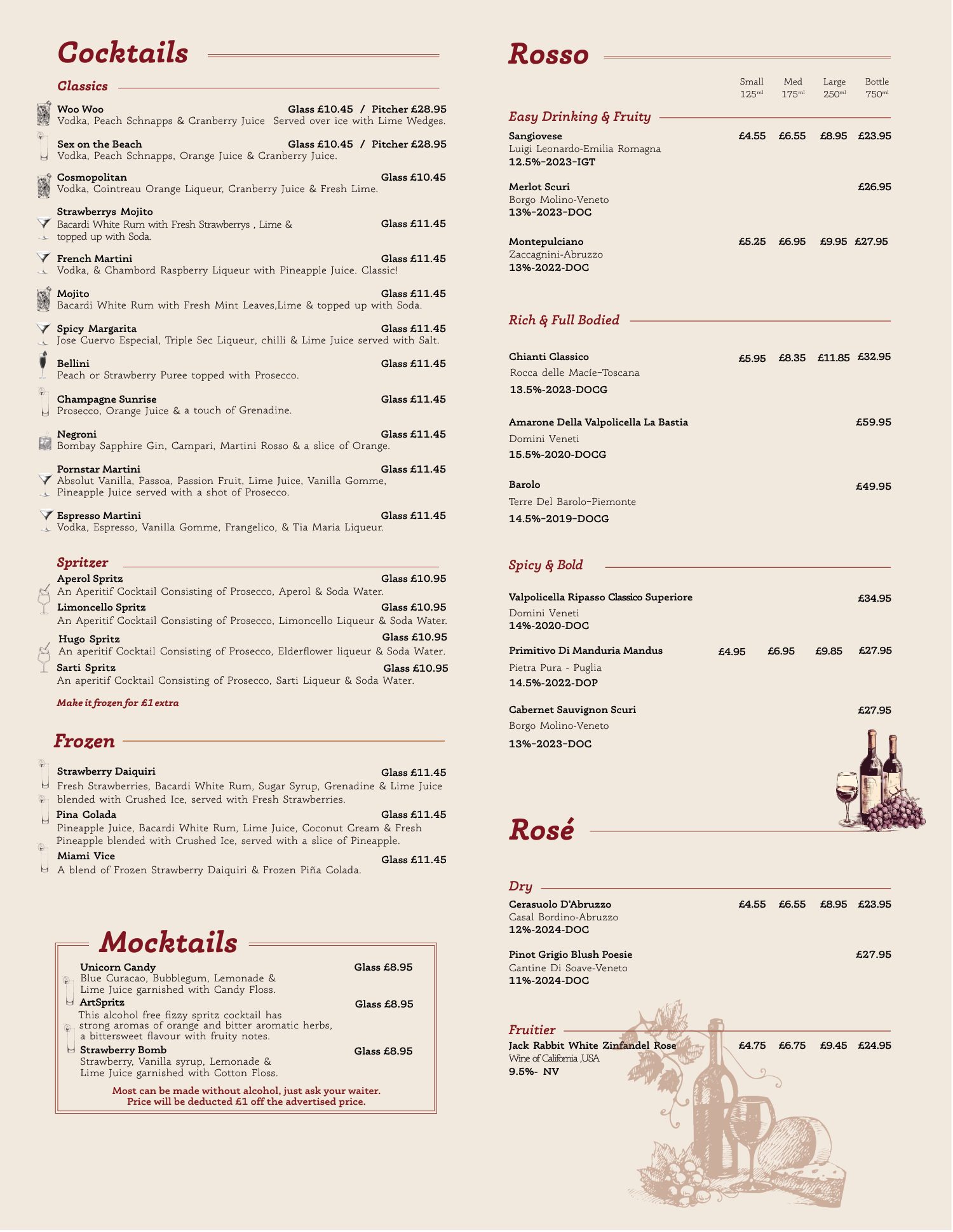 Amore Drinks & Wine menu page 2