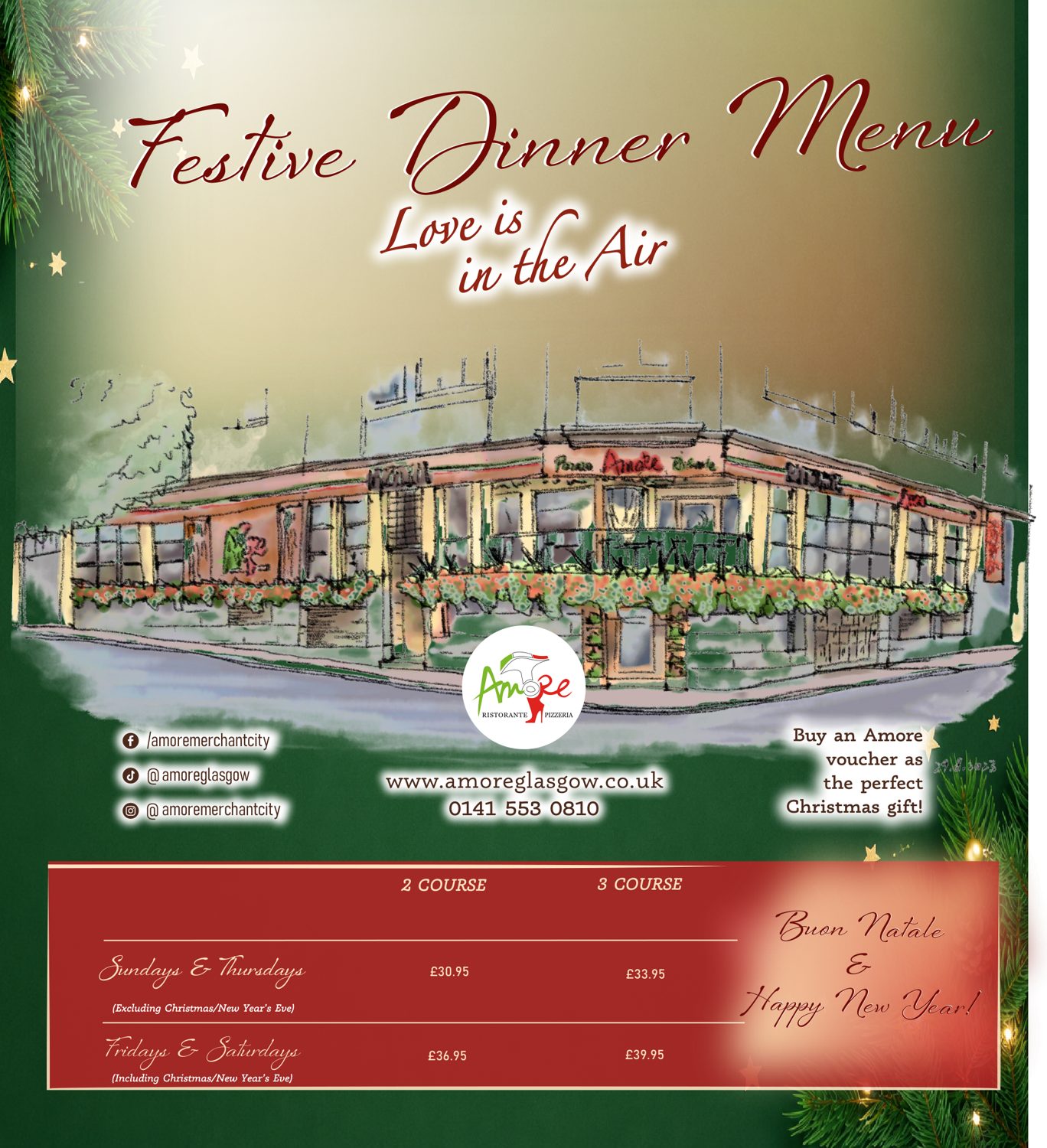 Amore festive dinner menu, prices and serving times