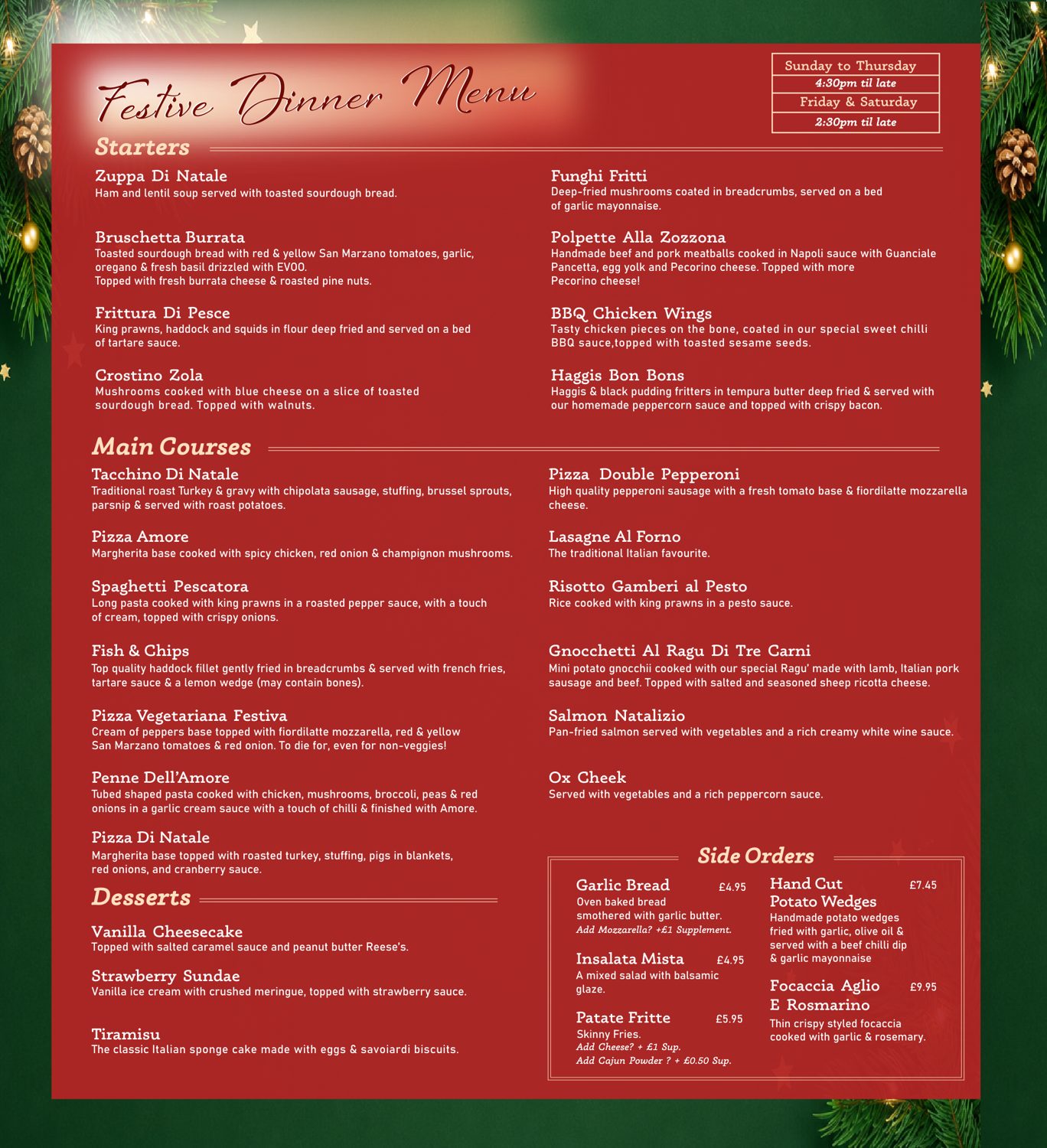 Amore festive dinner menu dishes