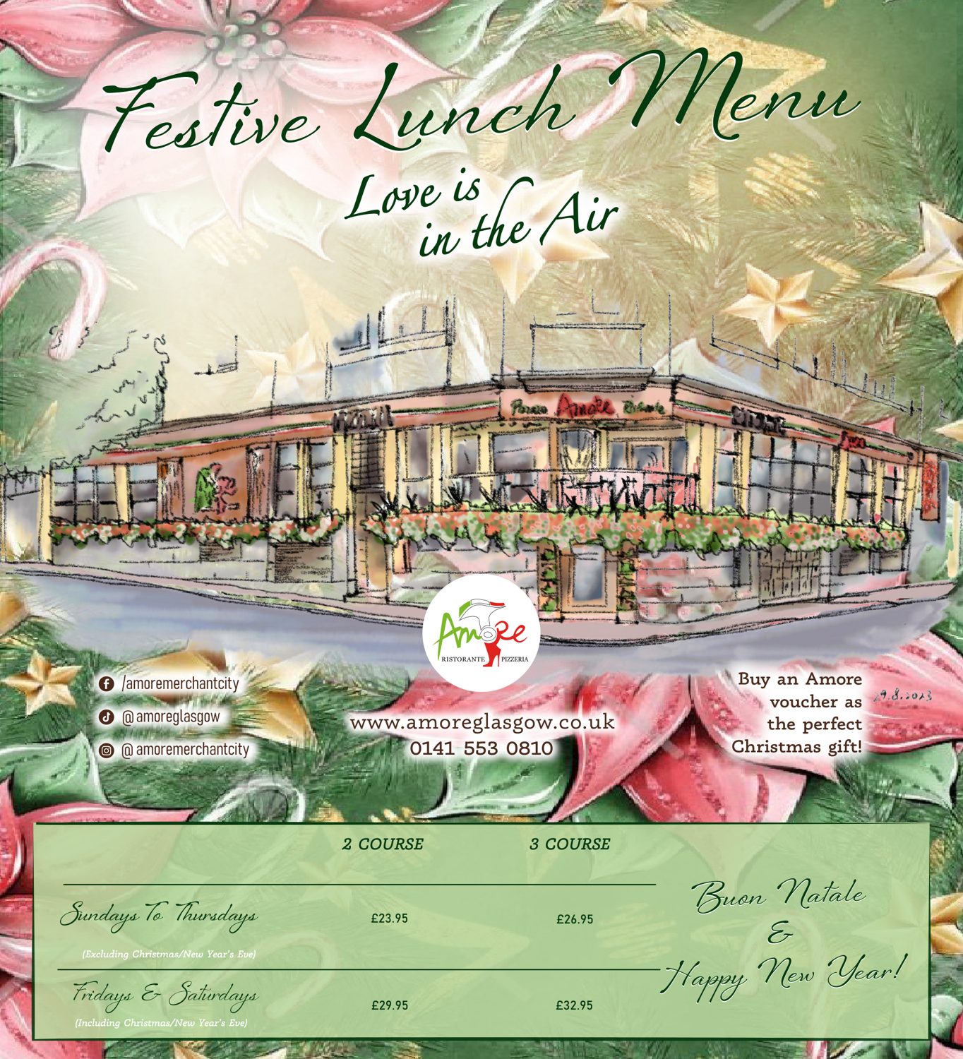 Amore festive lunch menu, prices and serving times