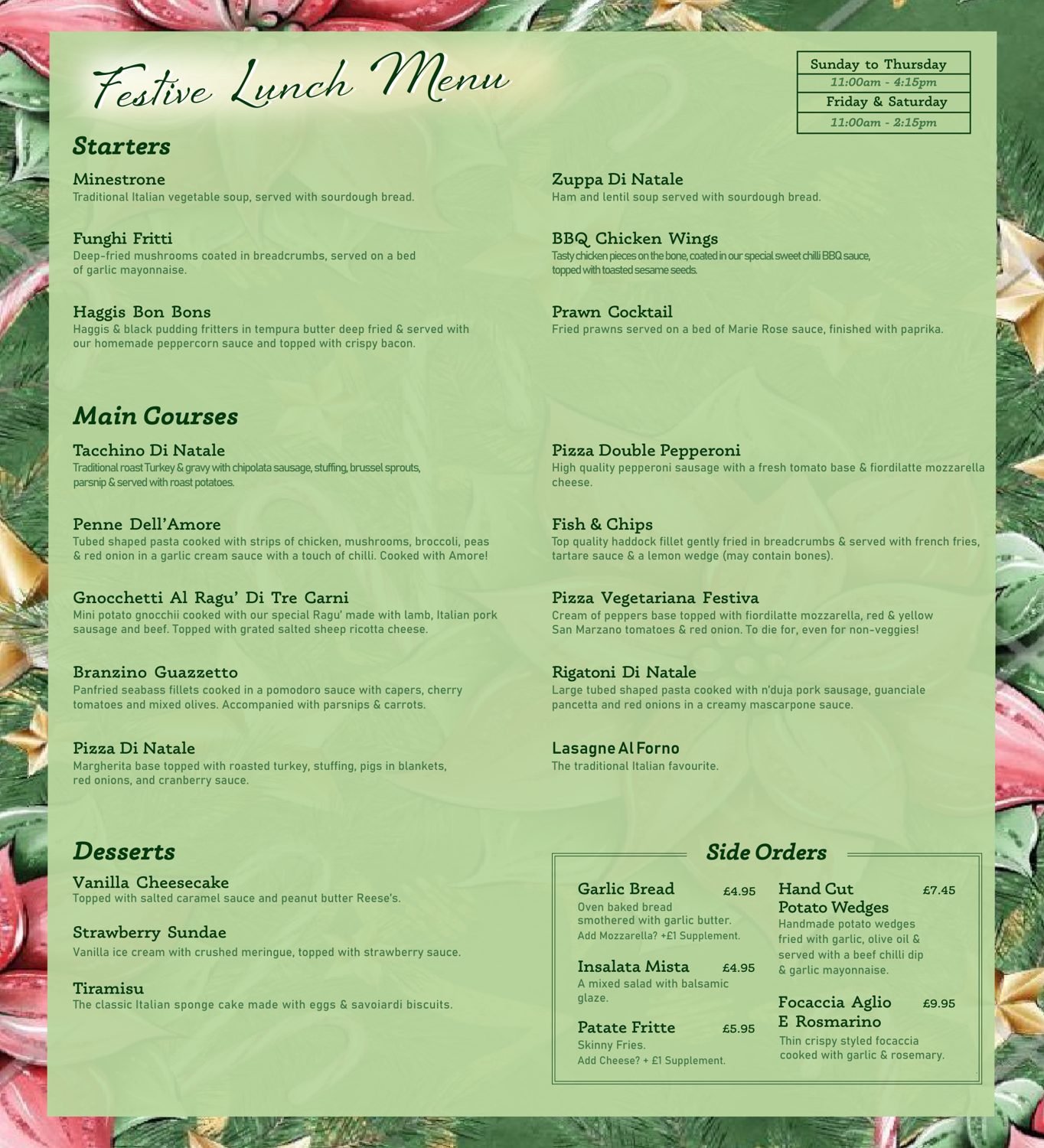 Amore festive lunch menu dishes