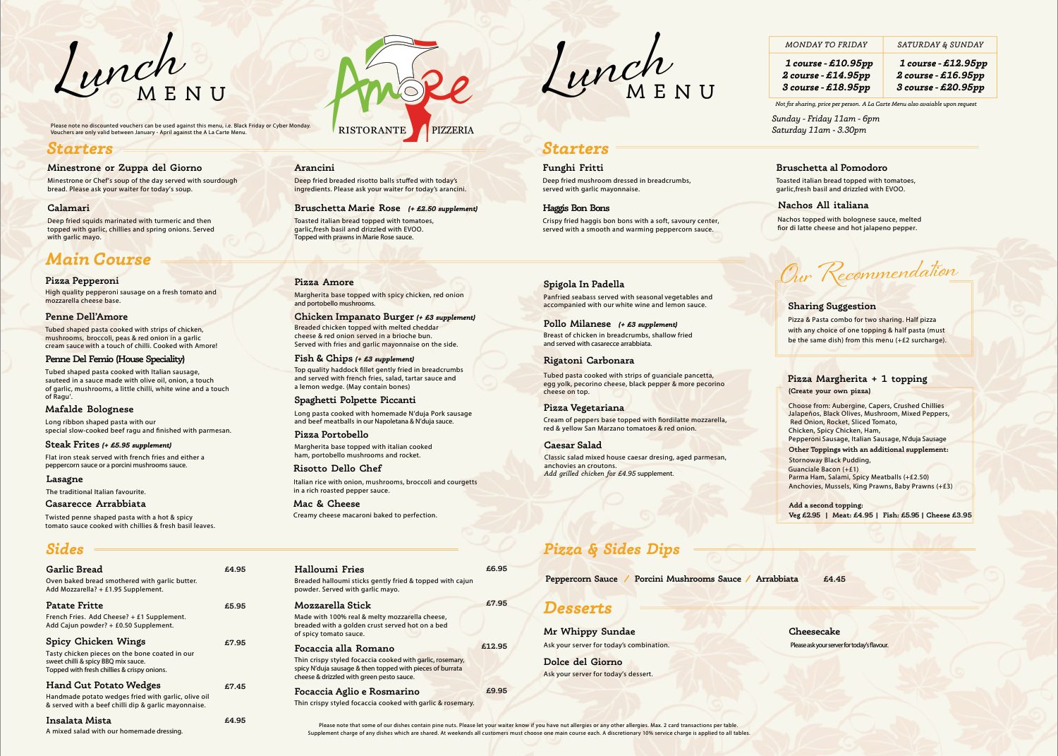 Amore Lunch & Early Evening menu page 1